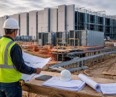Contractor reviewing contract documents at an active Texas data center construction project.